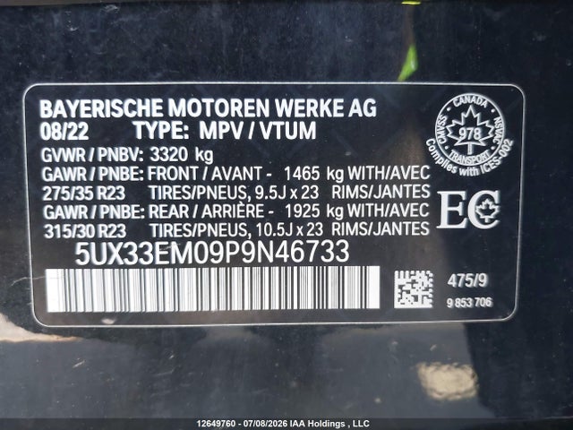 12649760 :رقم المزاد ، 5UX33EM09P9N46733 vin ، 2023 Bmw X7 M60i مزاد بيع