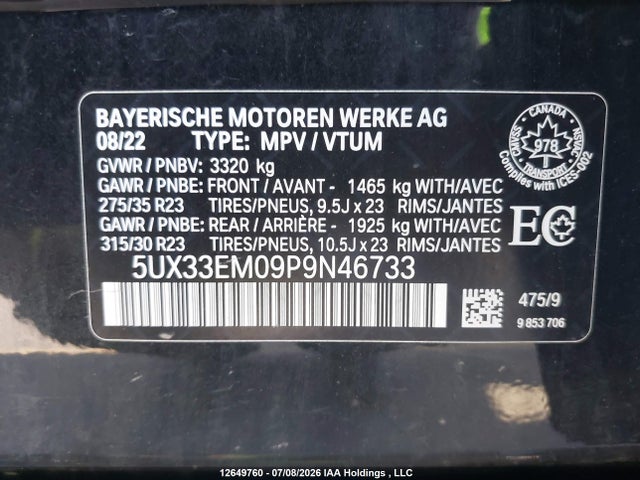 12649760 :رقم المزاد ، 5UX33EM09P9N46733 vin ، 2023 Bmw X7 M60i مزاد بيع