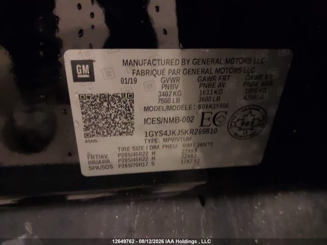 12649762 :رقم المزاد ، 1GYS4JKJ5KR269810 vin ، 2019 Cadillac Escalade Esv مزاد بيع