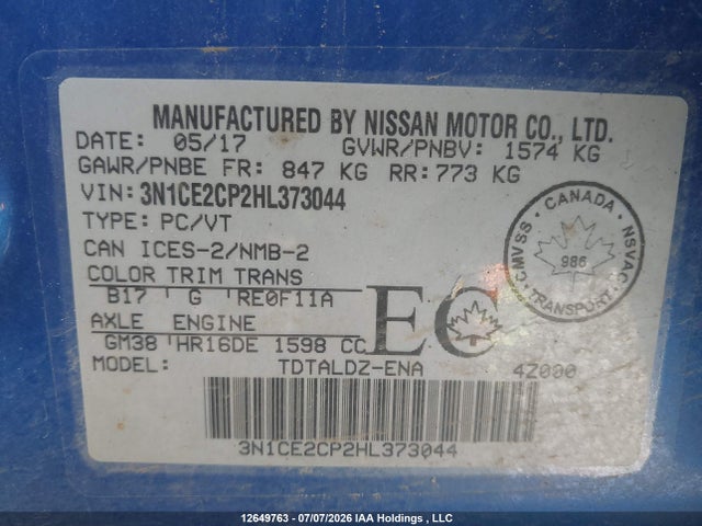 Продаж на аукціоні авто 2017 Nissan Versa Note S/s Plus/sv/sl/sr, vin: 3N1CE2CP2HL373044, номер лоту: 12649763