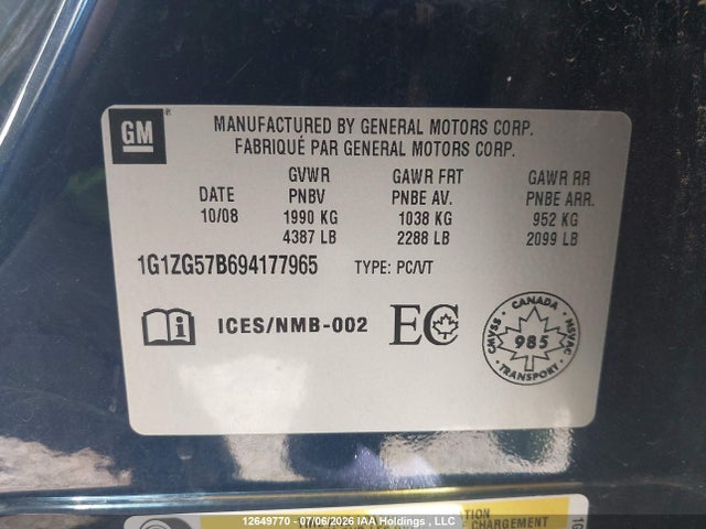 2009 Chevrolet Malibu Ls მანქანა იყიდება აუქციონზე, vin: 1G1ZG57B694177965, აუქციონის ნომერი: 12649770