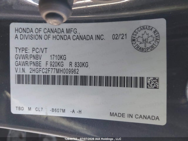 Продаж на аукціоні авто 2021 Honda Civic Ex, vin: 2HGFC2F77MH009962, номер лоту: 12649783