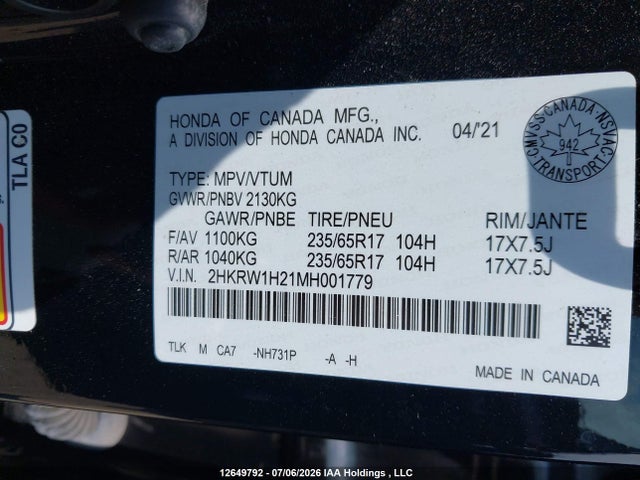 Продажа на аукционе авто 2021 Honda Cr-v Lx, vin: 2HKRW1H21MH001779, номер лота: 12649792