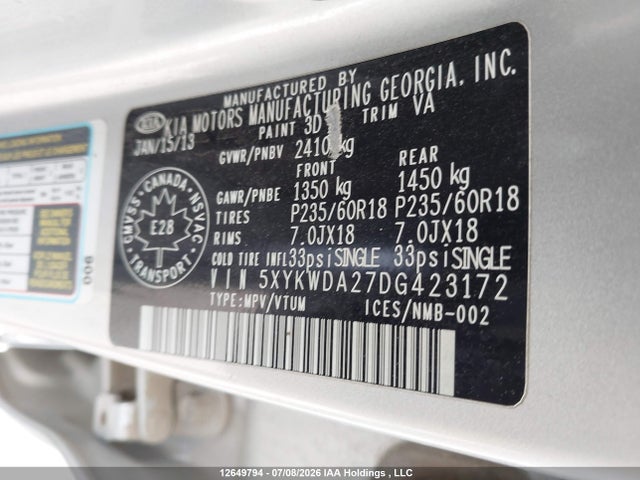 12649794 :رقم المزاد ، 5XYKWDA27DG423172 vin ، 2013 Kia Sorento Sx مزاد بيع