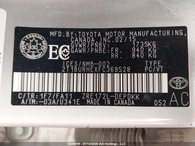 2015 Toyota Corolla L/le/le Pls/prm/s/s Pls მანქანა იყიდება აუქციონზე, vin: 2T1BURHEXFC369528, აუქციონის ნომერი: 12649798