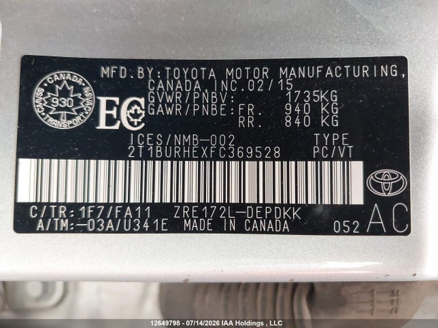 2015 Toyota Corolla L/le/le Pls/prm/s/s Pls მანქანა იყიდება აუქციონზე, vin: 2T1BURHEXFC369528, აუქციონის ნომერი: 12649798