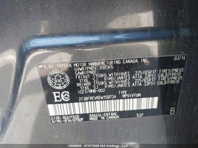 2014 Toyota Rav4 Le მანქანა იყიდება აუქციონზე, vin: 2T3BFREV6EW158734, აუქციონის ნომერი: 12649805