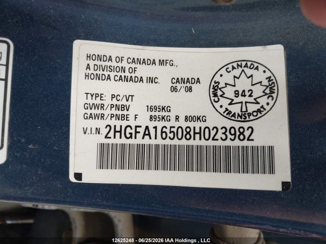 2008 Honda Civic Lx მანქანა იყიდება აუქციონზე, vin: 2HGFA16508H023982, აუქციონის ნომერი: 12625248