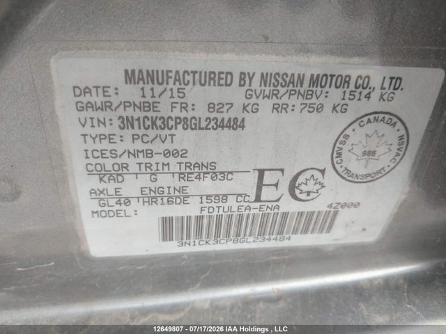 12649807 :رقم المزاد ، 3N1CK3CP8GL234484 vin ، 2016 Nissan Micra S/sr/sv مزاد بيع