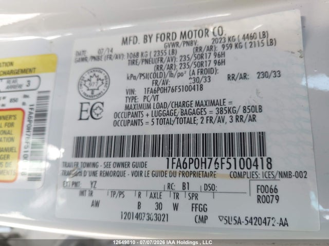 Продаж на аукціоні авто 2015 Ford Fusion Se, vin: 1FA6P0H76F5100418, номер лоту: 12649810