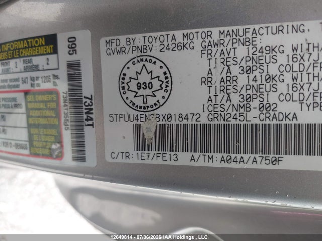 12649814 :رقم المزاد ، 5TFUU4EN3BX018472 vin ، 2011 Toyota Tacoma Base V6 مزاد بيع