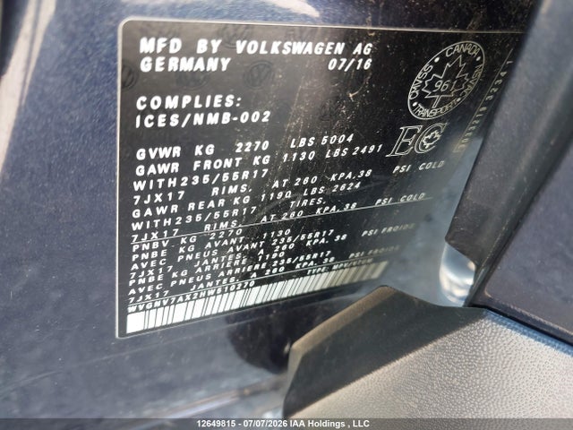 12649815 :رقم المزاد ، WVGNV7AX2HW510270 vin ، 2017 Volkswagen Tiguan Wolfsburg مزاد بيع
