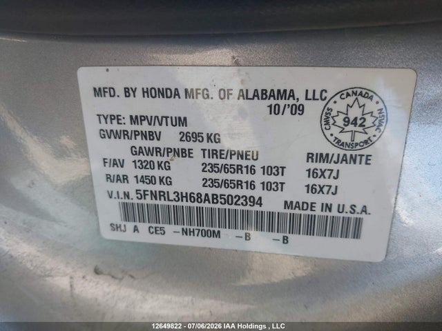 Продаж на аукціоні авто 2010 Honda Odyssey Exl, vin: 5FNRL3H68AB502394, номер лоту: 12649822