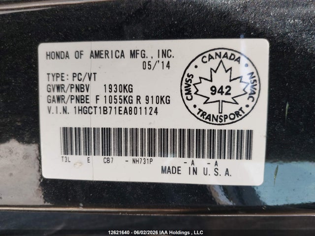 Honda ACCORD EX 2014 1HGCT1B71EA801124 Image 9