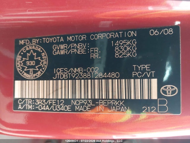 Продажа на аукционе авто 2008 Toyota Yaris, vin: JTDBT923881284480, номер лота: 12649831