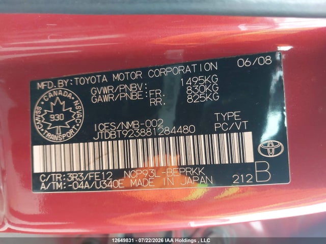 Продажа на аукционе авто 2008 Toyota Yaris, vin: JTDBT923881284480, номер лота: 12649831