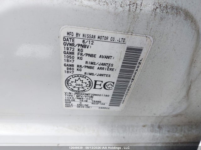 Aukcja sprzedaży 2013 Nissan Rogue S/sv, vin: JN8AS5MT2DW001190, numer aukcji: 12649839