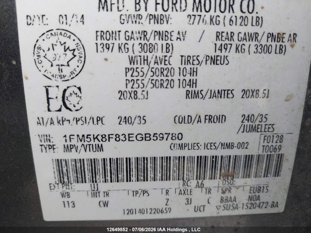 Aukcja sprzedaży 2014 Ford Explorer Limited, vin: 1FM5K8F83EGB59780, numer aukcji: 12649852
