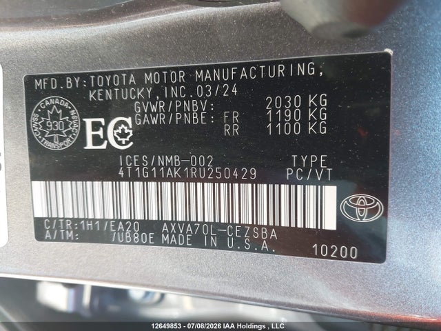 12649853 :رقم المزاد ، 4T1G11AK1RU250429 vin ، 2024 Toyota Camry Se Night Shade/se مزاد بيع