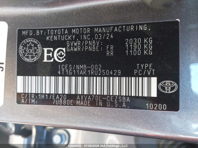 12649853 :رقم المزاد ، 4T1G11AK1RU250429 vin ، 2024 Toyota Camry Se Night Shade/se مزاد بيع
