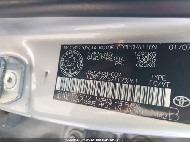 Auction sale of the 2007 Toyota Yaris, vin: JTDBT923571123261, lot number: 12649854