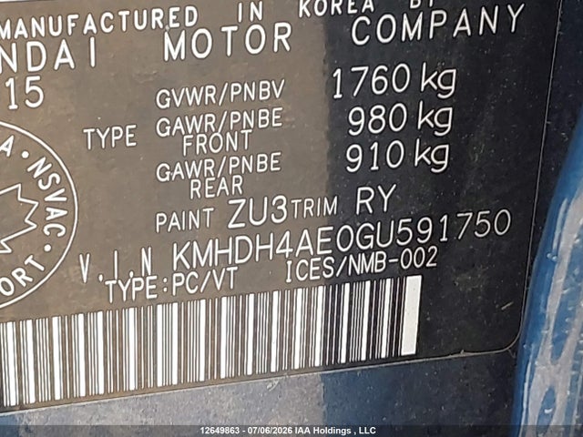 12649863 :رقم المزاد ، KMHDH4AE0GU591750 vin ، 2016 Hyundai Elantra Se/sport/limited مزاد بيع