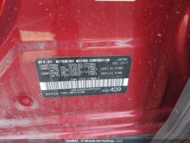 Aukcja sprzedaży 2018 Mitsubishi Outlander Gt, vin: JA4JZ4AX5JZ607029, numer aukcji: 12649864