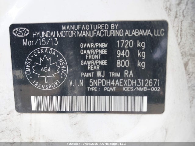 Продаж на аукціоні авто 2013 Hyundai Elantra, vin: 5NPDH4AEXDH312671, номер лоту: 12649867