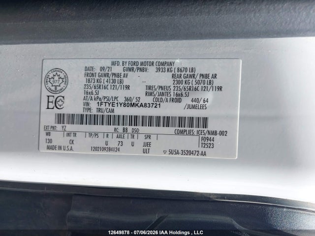 Ford Transit T-150 2021 1FTYE1Y80MKA83721 Image 9
