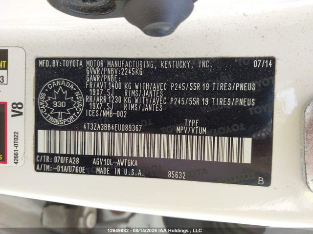 4T3ZA3BB4EU089367 Toyota Venza Le/xle