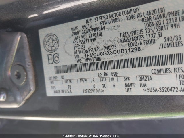 12649891 :رقم المزاد ، 1FMCU0GX3DUB11298 vin ، 2013 Ford Escape Se مزاد بيع