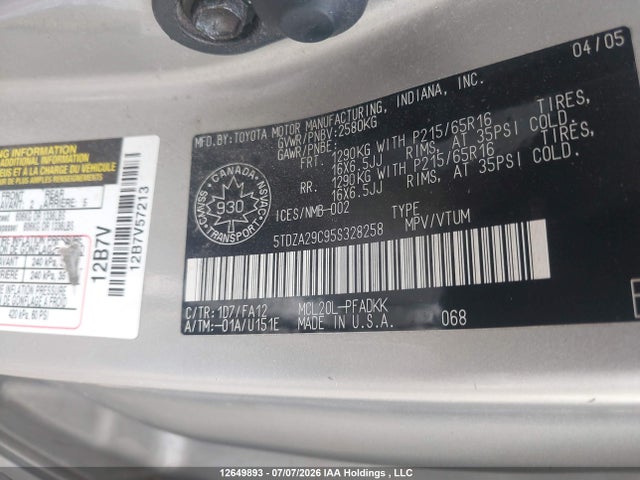 Продаж на аукціоні авто 2005 Toyota Sienna Ce 7 Passenger/ce 8 Passenger, vin: 5TDZA29C95S328258, номер лоту: 12649893