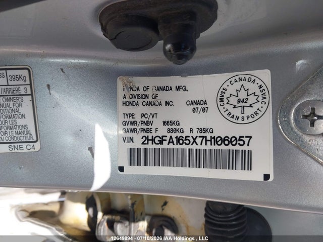 2007 Honda Civic Lx მანქანა იყიდება აუქციონზე, vin: 2HGFA165X7H106057, აუქციონის ნომერი: 12649894