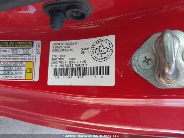 12649902 :رقم المزاد ، 2HGFG3B51FH002118 vin ، 2015 Honda Civic Ex مزاد بيع