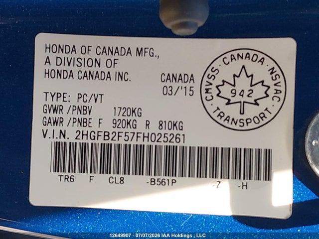 Honda CIVIC SEDAN 2015 2HGFB2F57FH025261 Image 9