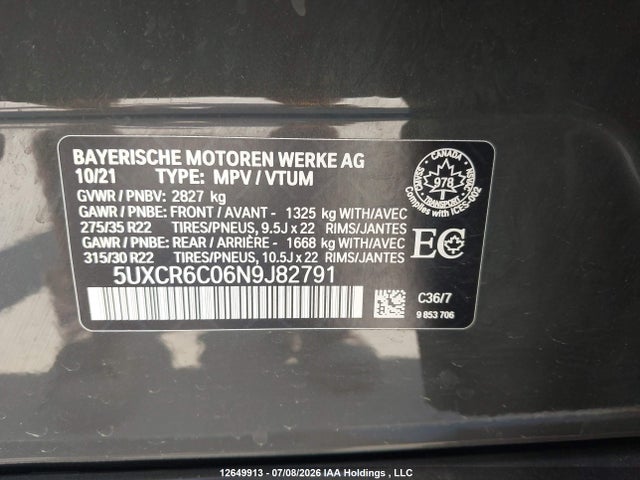 Aukcja sprzedaży 2022 Bmw X5 Xdrive40i, vin: 5UXCR6C06N9J82791, numer aukcji: 12649913