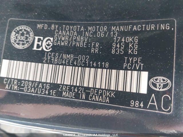 12649914 :رقم المزاد ، 2T1BU4EE4DC114118 vin ، 2013 Toyota Corolla Ce مزاد بيع