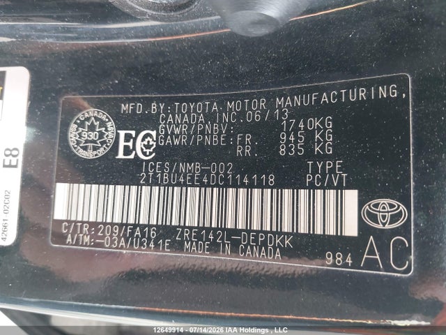 12649914 :رقم المزاد ، 2T1BU4EE4DC114118 vin ، 2013 Toyota Corolla Ce مزاد بيع