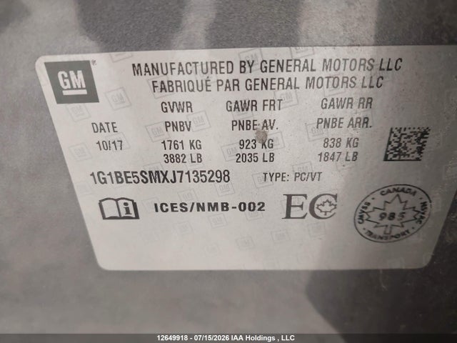 Chevrolet CRUZE LT 2018 1G1BE5SMXJ7135298 Image 9