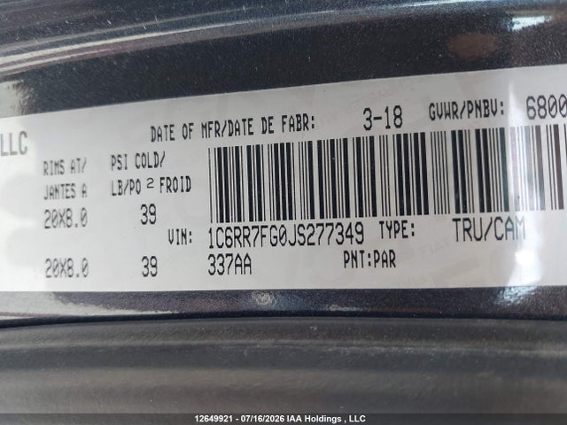 12649921 :رقم المزاد ، 1C6RR7FG0JS277349 vin ، 2018 Ram 1500 St مزاد بيع