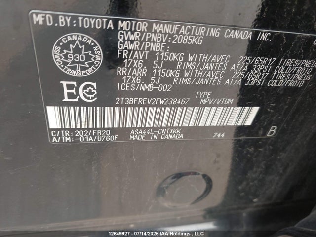 Aukcja sprzedaży 2015 Toyota Rav4 Le, vin: 2T3BFREV2FW238467, numer aukcji: 12649927