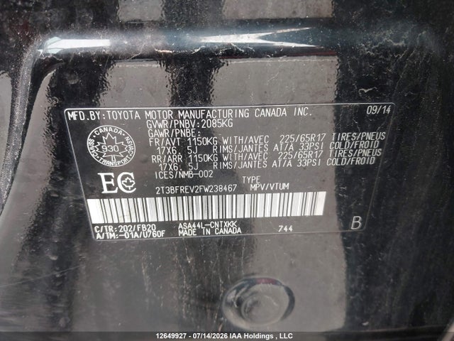 Aukcja sprzedaży 2015 Toyota Rav4 Le, vin: 2T3BFREV2FW238467, numer aukcji: 12649927