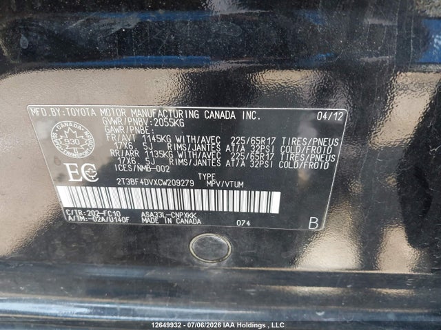 Aukcja sprzedaży 2012 Toyota Rav4, vin: 2T3BF4DVXCW209279, numer aukcji: 12649932