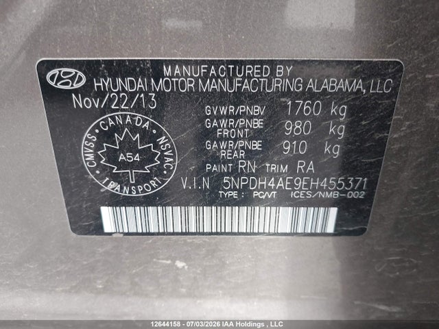 2014 Hyundai Elantra Gls მანქანა იყიდება აუქციონზე, vin: 5NPDH4AE9EH455371, აუქციონის ნომერი: 12644158