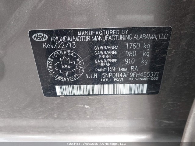 2014 Hyundai Elantra Gls მანქანა იყიდება აუქციონზე, vin: 5NPDH4AE9EH455371, აუქციონის ნომერი: 12644158
