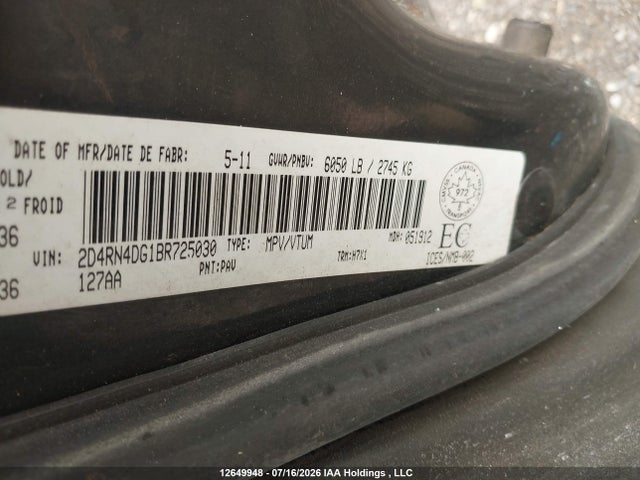 2011 Dodge Grand Caravan Se/sxt მანქანა იყიდება აუქციონზე, vin: 2D4RN4DG1BR725030, აუქციონის ნომერი: 12649948