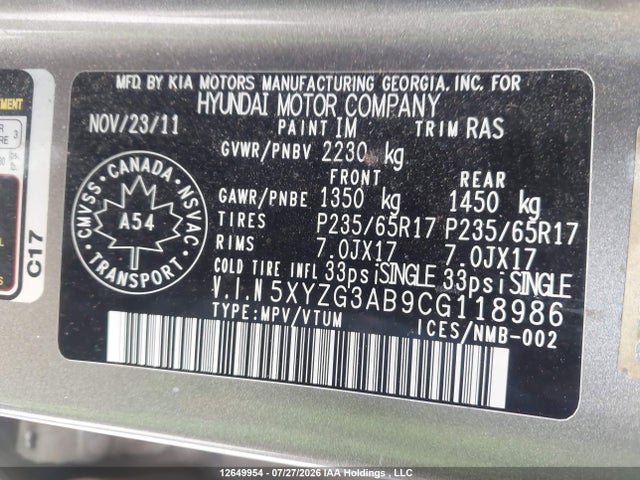 2012 Hyundai Santa Fe Gl 2.4 მანქანა იყიდება აუქციონზე, vin: 5XYZG3AB9CG118986, აუქციონის ნომერი: 12649954