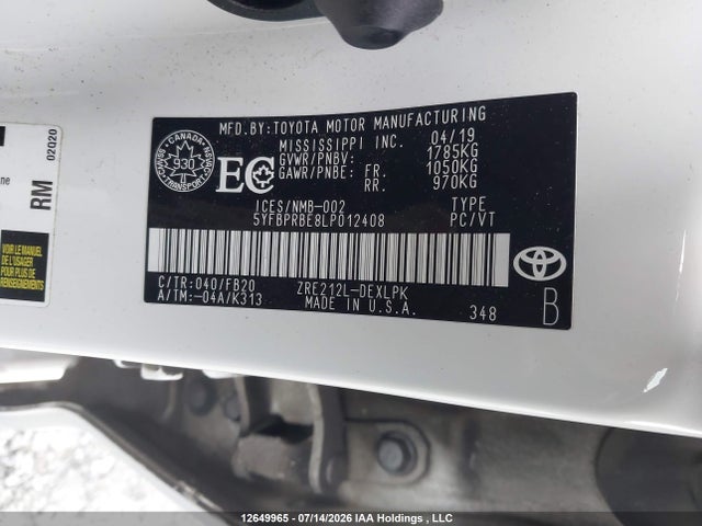 Продажа на аукционе авто 2020 Toyota Corolla Le, vin: 5YFBPRBE8LP012408, номер лота: 12649965
