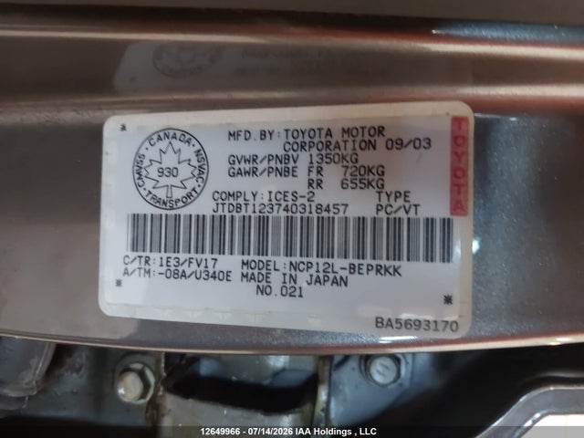Продажа на аукционе авто 2004 Toyota Echo, vin: JTDBT123740318457, номер лота: 12649966