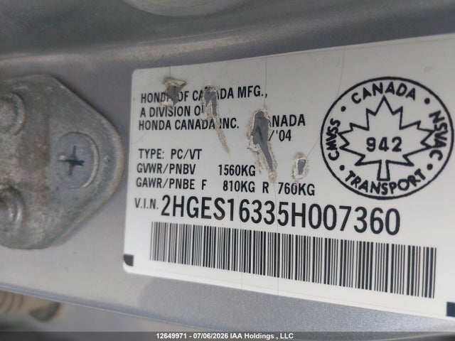 2005 Honda Civic Se მანქანა იყიდება აუქციონზე, vin: 2HGES16335H007360, აუქციონის ნომერი: 12649971
